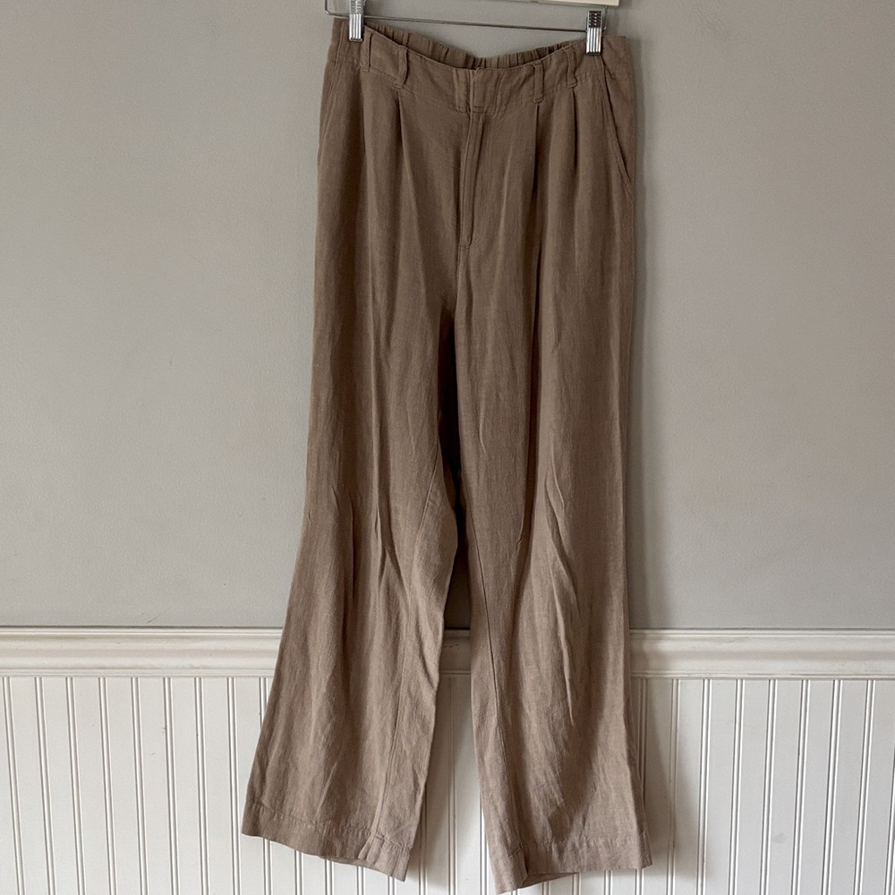 Z Supply Wide Leg Linen Blend Khaki Pants Elastic Waist and Button